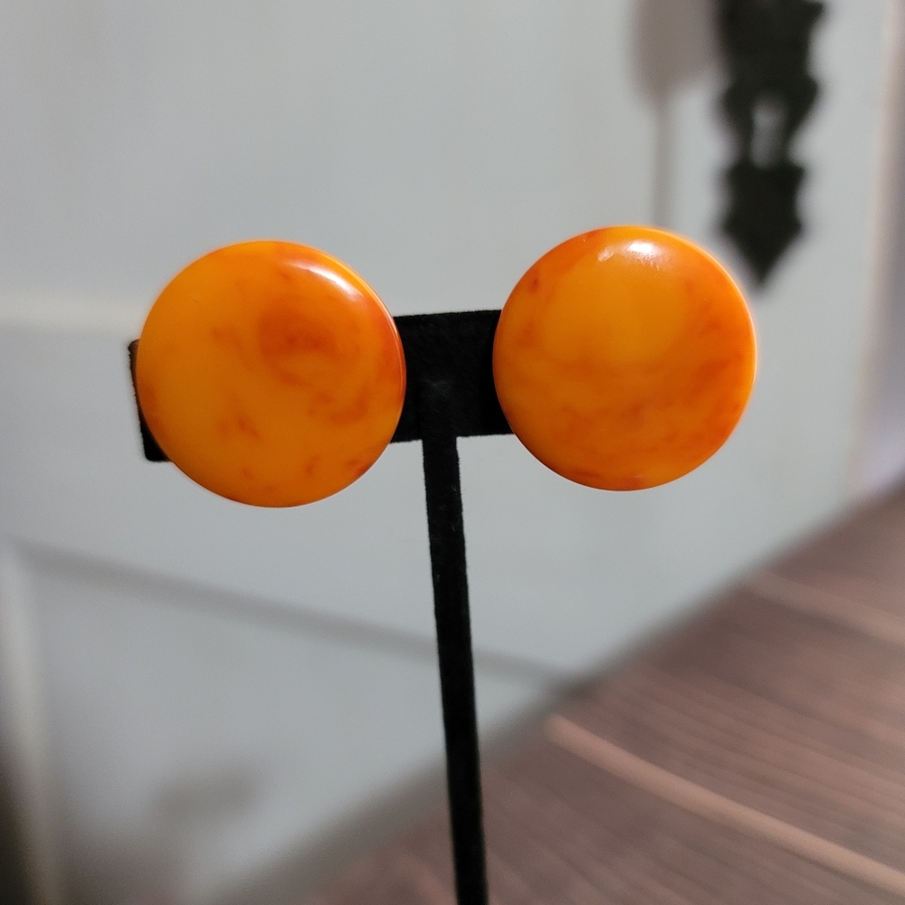 Vintage Clip on Bakelite Round Earrings - orange